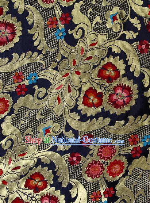 Asian Chinese Traditional Phoenix Galsang Flowers Pattern Navy Brocade Tibetan Robe Satin Fabric Silk Material