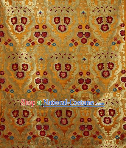 Asian Chinese Traditional Phoenix Galsang Flowers Pattern Yellow Brocade Tibetan Robe Satin Fabric Silk Material