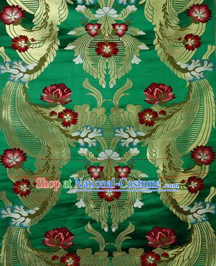 Asian Chinese Traditional Phoenix Galsang Flowers Pattern Green Brocade Tibetan Robe Satin Fabric Silk Material