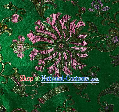 Asian Chinese Traditional Chrysanthemum Pattern Green Brocade Tibetan Robe Satin Fabric Silk Material