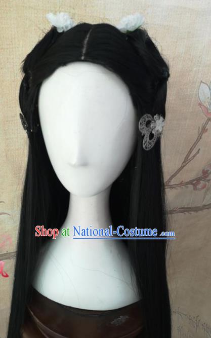 Chinese Traditional Cosplay Nobility Lady Black Long Wigs Ancient Palace Princess Wig Sheath Hair Accessories for Women