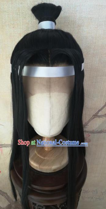 Traditional Chinese Cosplay Hanfu Swordsman Wigs Ancient Prince Nobility Childe Black Wig Sheath Hair Accessories for Men