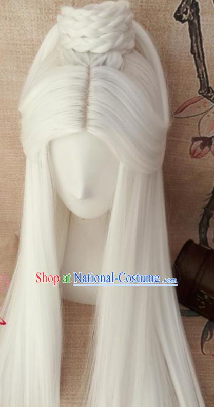 Traditional Chinese Cosplay Hanfu Old Swordsman White Wigs Ancient Taoist Priest Wig Sheath Hair Accessories for Men