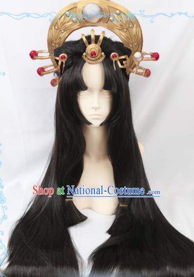 Japanese Traditional Cosplay Onmyoji Black Long Wigs Sheath Ancient Geisha Wig Hair Accessories for Women