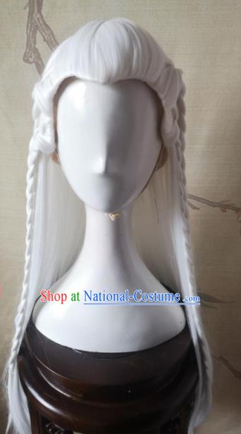 Traditional Chinese Cosplay Hanfu Swordsman White Wigs Ancient Taoist Priest Wig Sheath Hair Accessories for Men