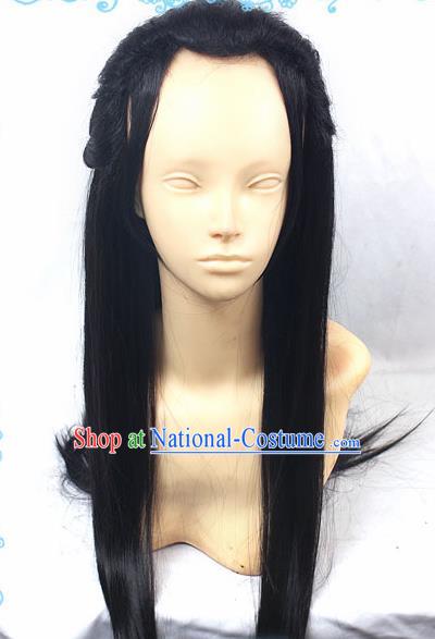 Chinese Traditional Cosplay Young Hero Black Long Wigs Ancient Swordsman Wig Sheath Hair Accessories for Men