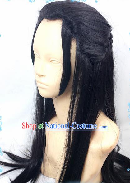 Chinese Traditional Cosplay Young Hero Black Long Wigs Ancient Swordsman Wig Sheath Hair Accessories for Men