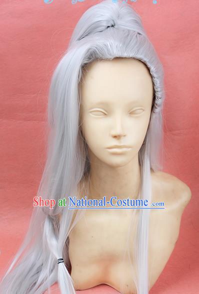 Chinese Traditional Cosplay Taoist White Long Wigs Ancient Swordsman Wig Sheath Hair Accessories for Men