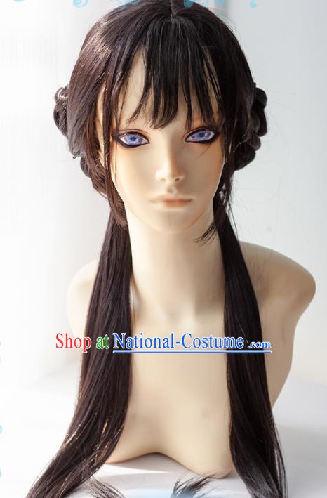 Chinese Traditional Cosplay Young Lady Wigs Ancient Swordswoman Wig Sheath Hair Accessories for Women