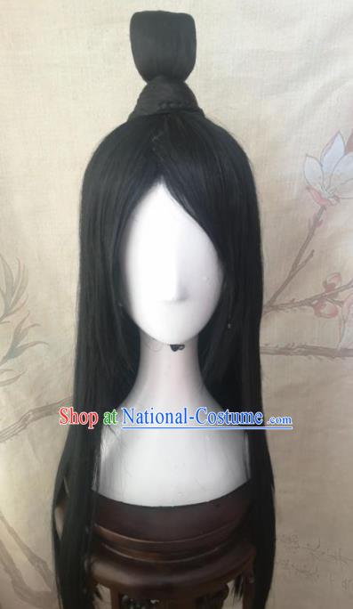 Traditional Chinese Cosplay Swordsman Black Wigs Ancient Nobility Childe Wig Sheath Hair Accessories for Men