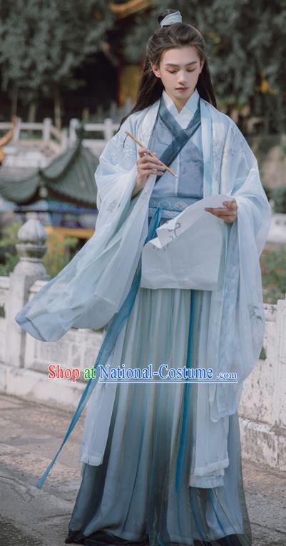 Traditional Chinese Jin Dynasty Nobility Childe Blue Hanfu Clothing Ancient Swordsman Prince Replica Costumes for Men