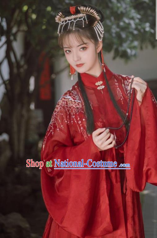 Traditional Chinese Ming Dynasty Rich Lady Red Hanfu Dress Ancient Bride Wedding Replica Costumes for Women