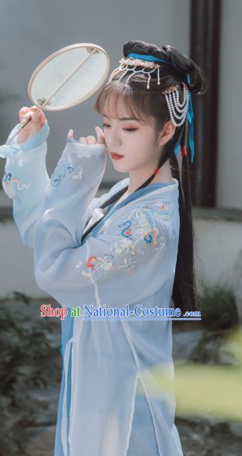 Traditional Chinese Song Dynasty Nobility Lady Blue Dress Ancient Hanfu Princess Replica Costumes for Women