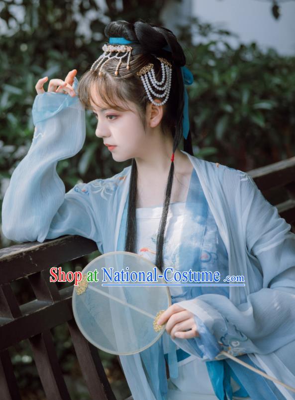 Traditional Chinese Song Dynasty Nobility Lady Blue Dress Ancient Hanfu Princess Replica Costumes for Women