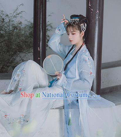 Traditional Chinese Song Dynasty Nobility Lady Blue Dress Ancient Hanfu Princess Replica Costumes for Women