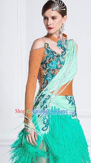 Top Grade Latin Dance Green Tassel Dress Modern Dance International Ballroom Dance Costume for Women