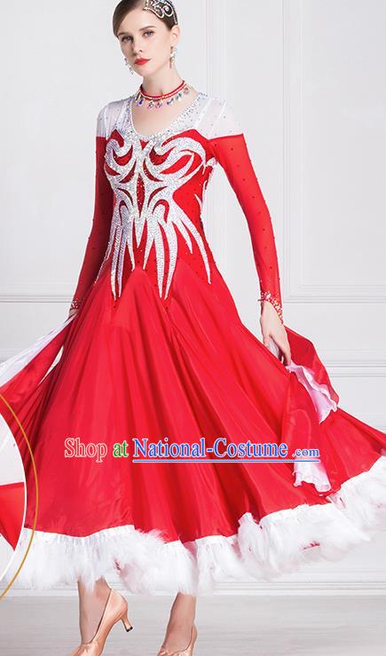 Top Grade Ballroom Dance Waltz Feather Red Dress Modern Dance International Dance Costume for Women