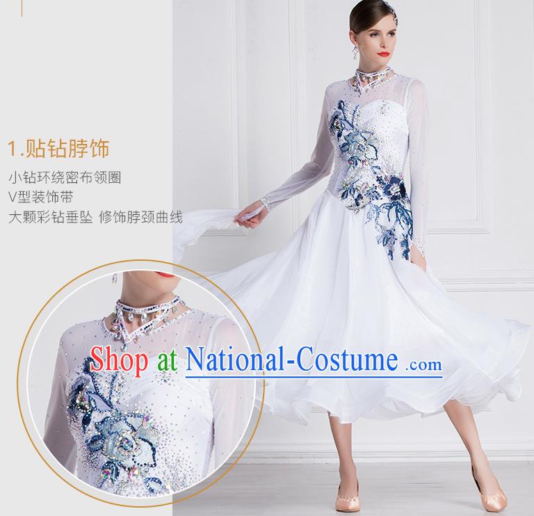 Top Grade Ballroom Dance Waltz White Dress Modern Dance International Dance Costume for Women