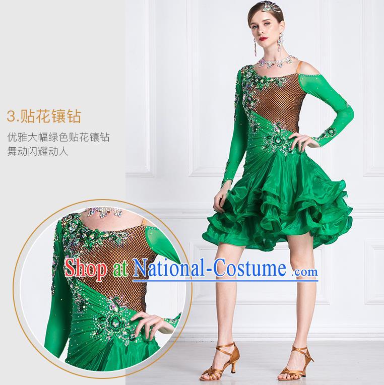 Top Grade Latin Dance Samba Green Short Dress Modern Dance International Ballroom Dance Costume for Women