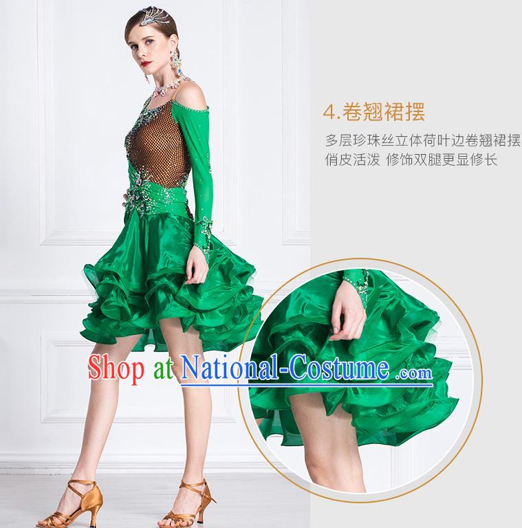 Top Grade Latin Dance Samba Green Short Dress Modern Dance International Ballroom Dance Costume for Women