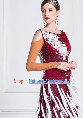 Top Grade Latin Dance Competition Samba Wine Red Dress Modern Dance International Ballroom Dance Costume for Women