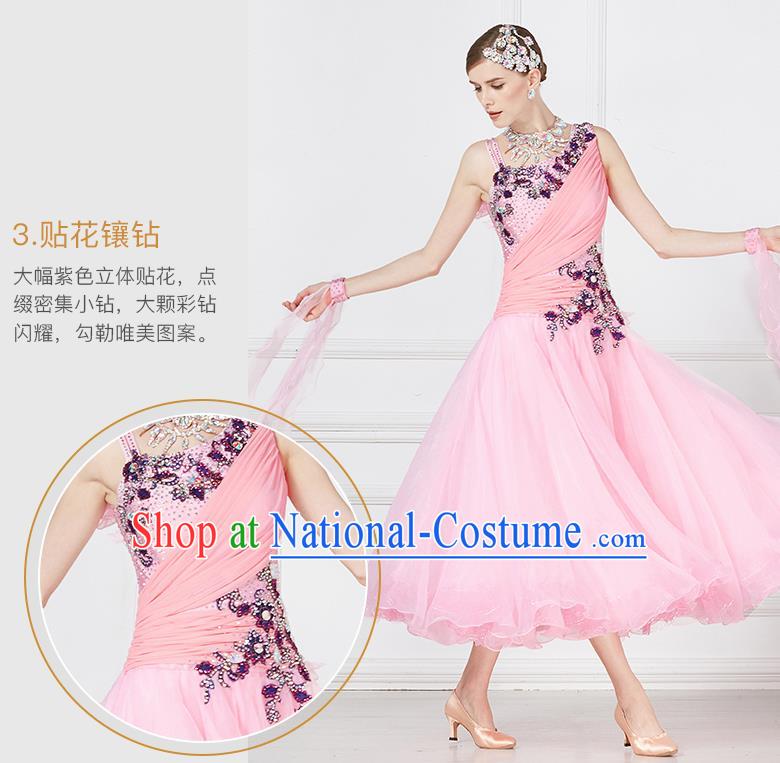 Professional International Waltz Dance Pink Dress Ballroom Dance Modern Dance Competition Costume for Women