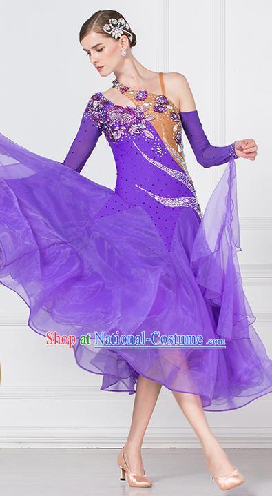 Professional International Waltz Dance Violet Dress Ballroom Dance Modern Dance Competition Costume for Women