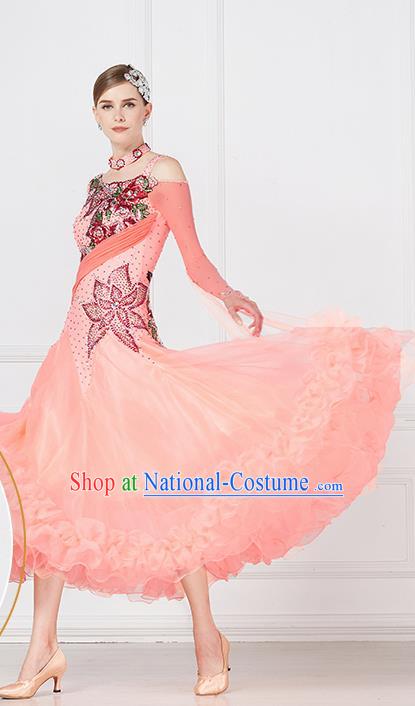 Professional International Waltz Dance Light Pink Dress Ballroom Dance Modern Dance Competition Costume for Women