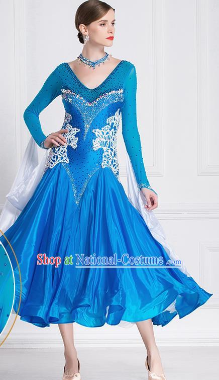 Professional International Waltz Dance Blue Dress Ballroom Dance Modern Dance Competition Costume for Women