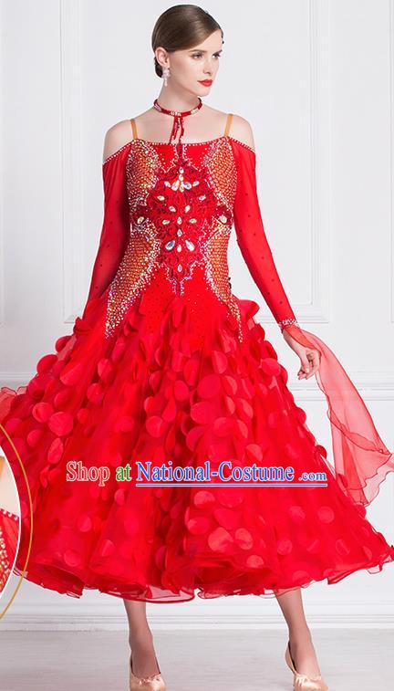 Professional International Waltz Dance Red Dress Ballroom Dance Modern Dance Competition Costume for Women