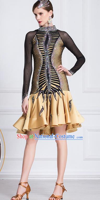 Top Grade Latin Dance Competition Golden Dress Modern Dance International Ballroom Dance Costume for Women