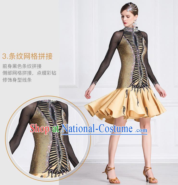 Top Grade Latin Dance Competition Golden Dress Modern Dance International Ballroom Dance Costume for Women