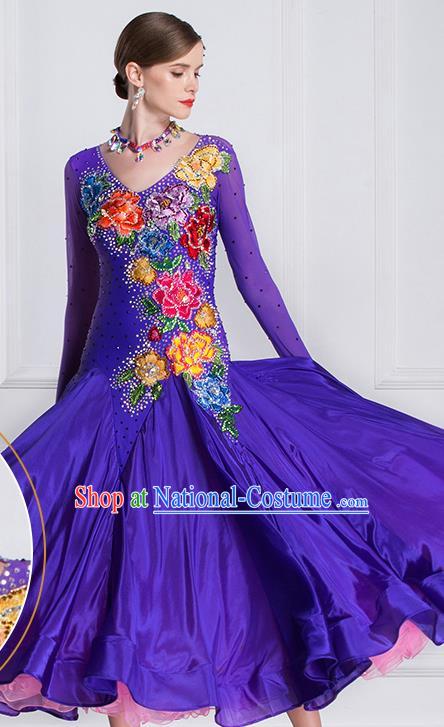 Professional Modern Dance Waltz Purple Dress International Ballroom Dance Competition Costume for Women