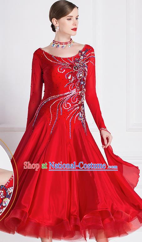 Professional Modern Dance Waltz Red Dress International Ballroom Dance Competition Costume for Women