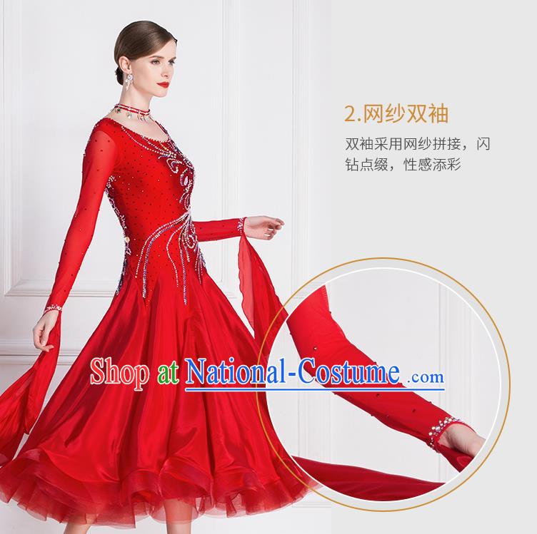 Professional Modern Dance Waltz Red Dress International Ballroom Dance Competition Costume for Women