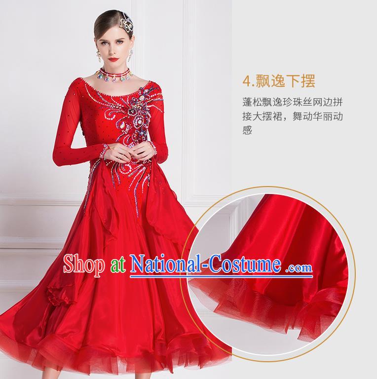 Professional Modern Dance Waltz Red Dress International Ballroom Dance Competition Costume for Women