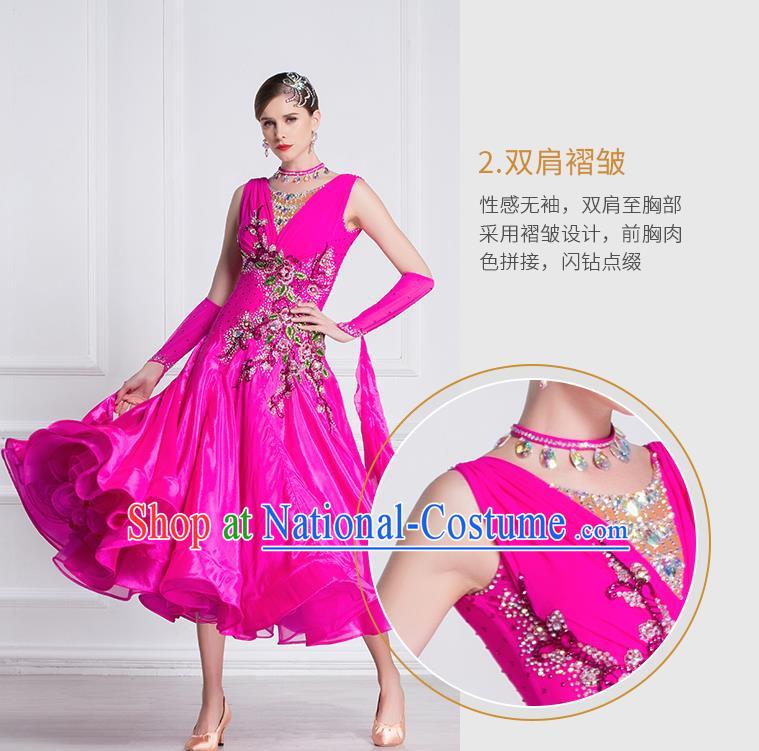 Professional Modern Dance Waltz Rosy Dress International Ballroom Dance Competition Costume for Women