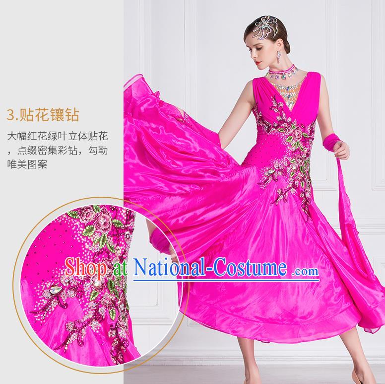 Professional Modern Dance Waltz Rosy Dress International Ballroom Dance Competition Costume for Women