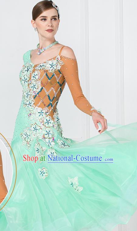 Professional Modern Dance Waltz Light Green Dress International Ballroom Dance Competition Costume for Women