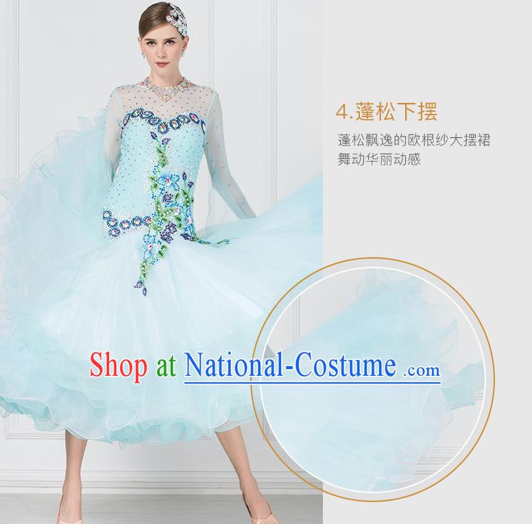 Professional International Waltz Dance Light Blue Dress Ballroom Dance Modern Dance Competition Costume for Women