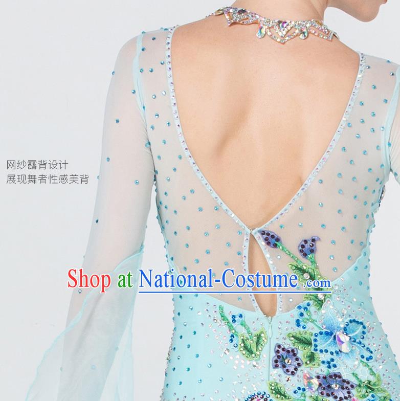 Professional International Waltz Dance Light Blue Dress Ballroom Dance Modern Dance Competition Costume for Women