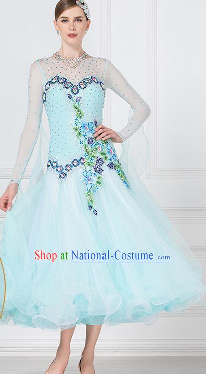 Professional International Waltz Dance Light Blue Dress Ballroom Dance Modern Dance Competition Costume for Women