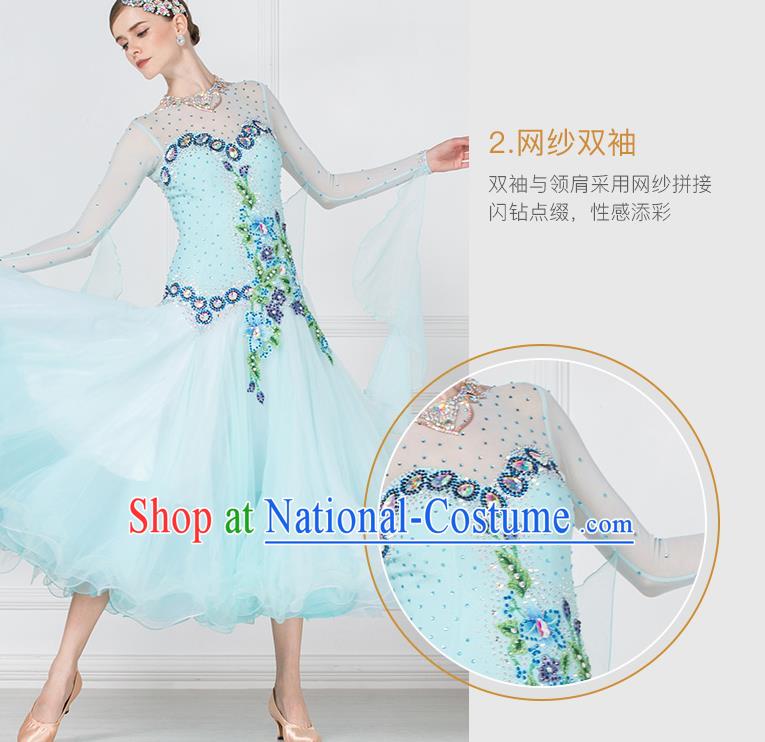 Professional International Waltz Dance Light Blue Dress Ballroom Dance Modern Dance Competition Costume for Women