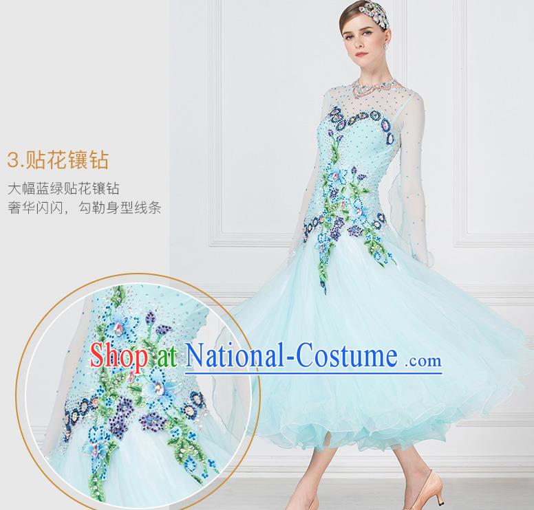 Professional International Waltz Dance Light Blue Dress Ballroom Dance Modern Dance Competition Costume for Women