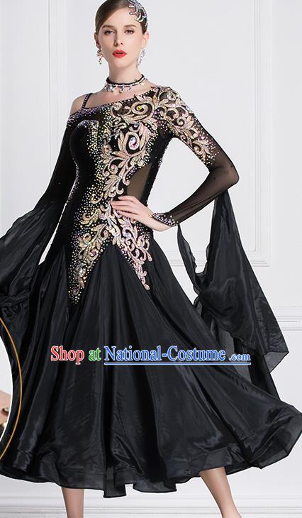 Professional International Waltz Dance Black Dress Ballroom Dance Modern Dance Competition Costume for Women