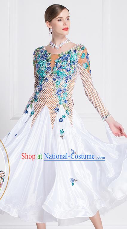 Professional Modern Dance Waltz White Dress International Ballroom Dance Competition Costume for Women