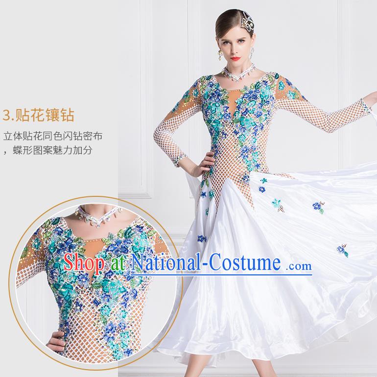 Professional Modern Dance Waltz White Dress International Ballroom Dance Competition Costume for Women