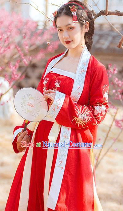 Traditional Chinese Song Dynasty Female Civilian Red Embroidered Dress Ancient Hanfu Replica Costumes for Women