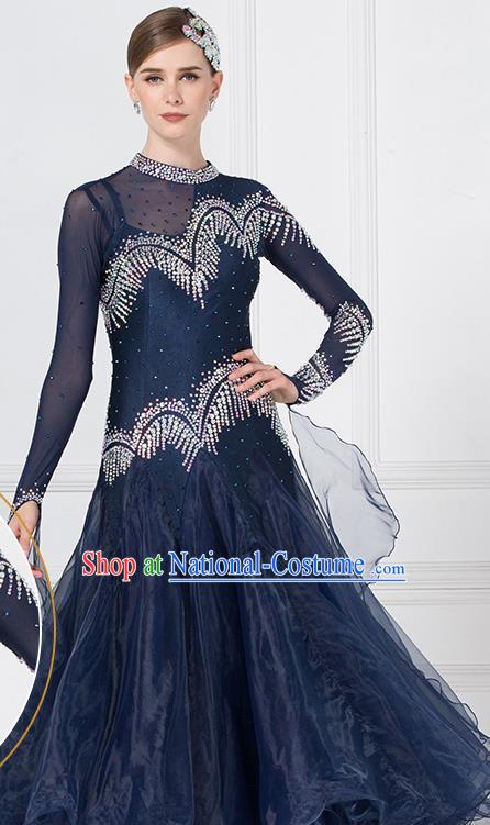 Professional Waltz Tango Competition Navy Blue Dress Modern Dance International Ballroom Dance Costume for Women