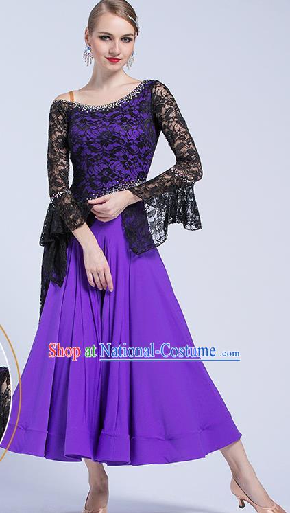 Professional Waltz Tango Competition Lace Purple Dress Modern Dance International Ballroom Dance Costume for Women